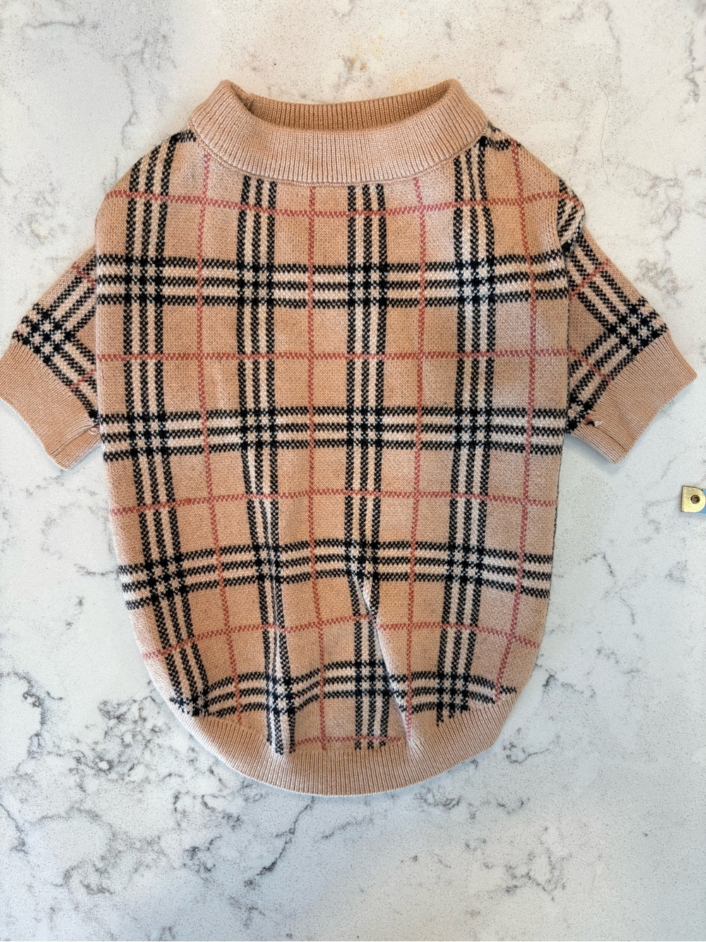 Beige Plaid Knit Pet Sweater with Black & Pink Windowpane